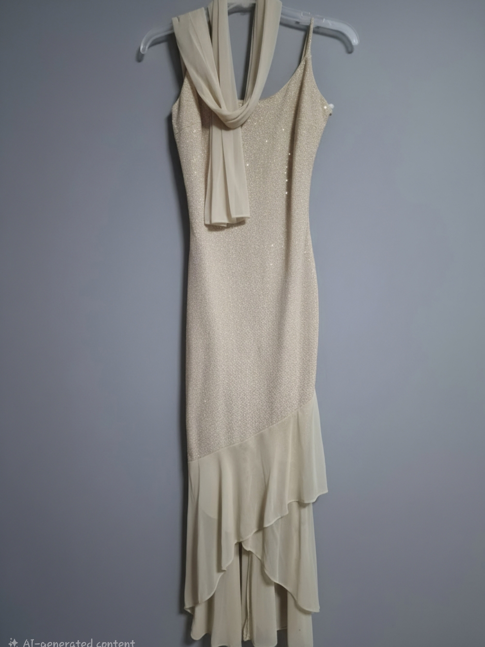 Elegant Ivory Beaded Spaghetti-Strap Evening Dress with Chiffon Hem